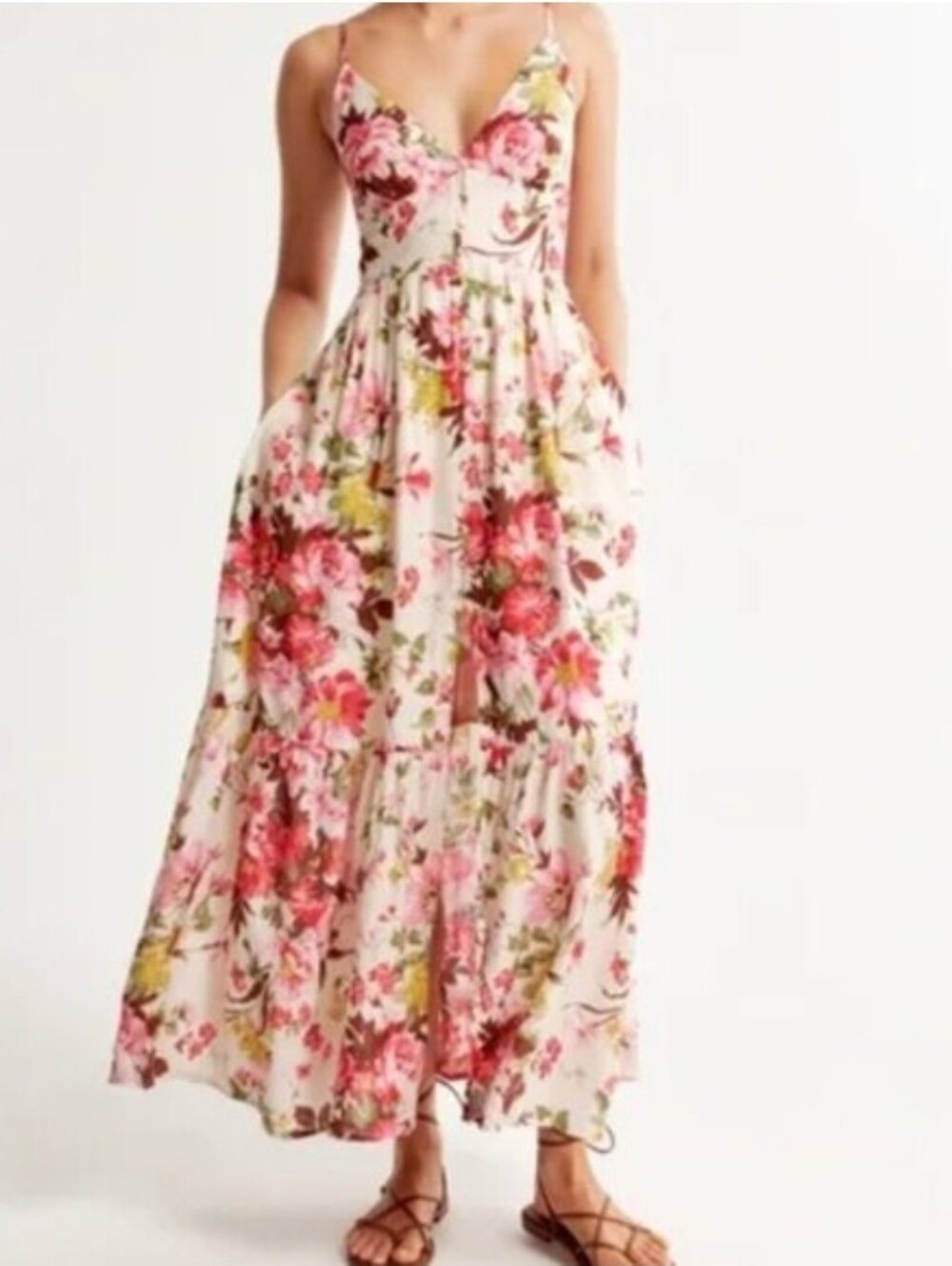Abercrombie & Fitch Floral Spaghetti Strap Maxi Dress - Cream with Pink Roses